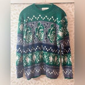 Vintage 90s LeFOLIO Women’s XL Blue Green Nordic Rose Fair Isle Pullover Sweater